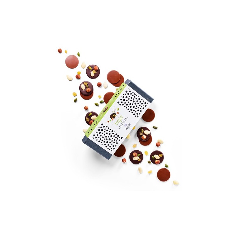 Mendiants et disques - Chocolat noir - Chocolat au lait - Fruits secs - Amandes - Noisette - Coffret à offrir Mendiants et disques - Chocolat noir - Chocolat au lait - Fruits secs - Amandes - Noisette - Coffret à offrir