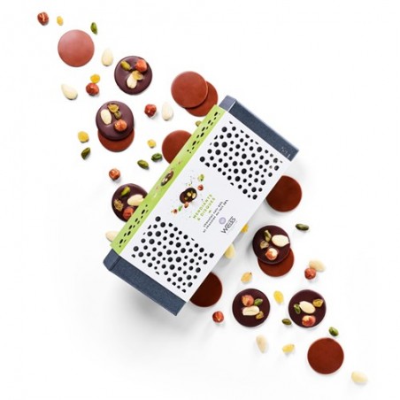 Mendiants et disques - Chocolat noir - Chocolat au lait - Fruits secs - Amandes - Noisette - Coffret à offrir Mendiants et disques - Chocolat noir - Chocolat au lait - Fruits secs - Amandes - Noisette - Coffret à offrir