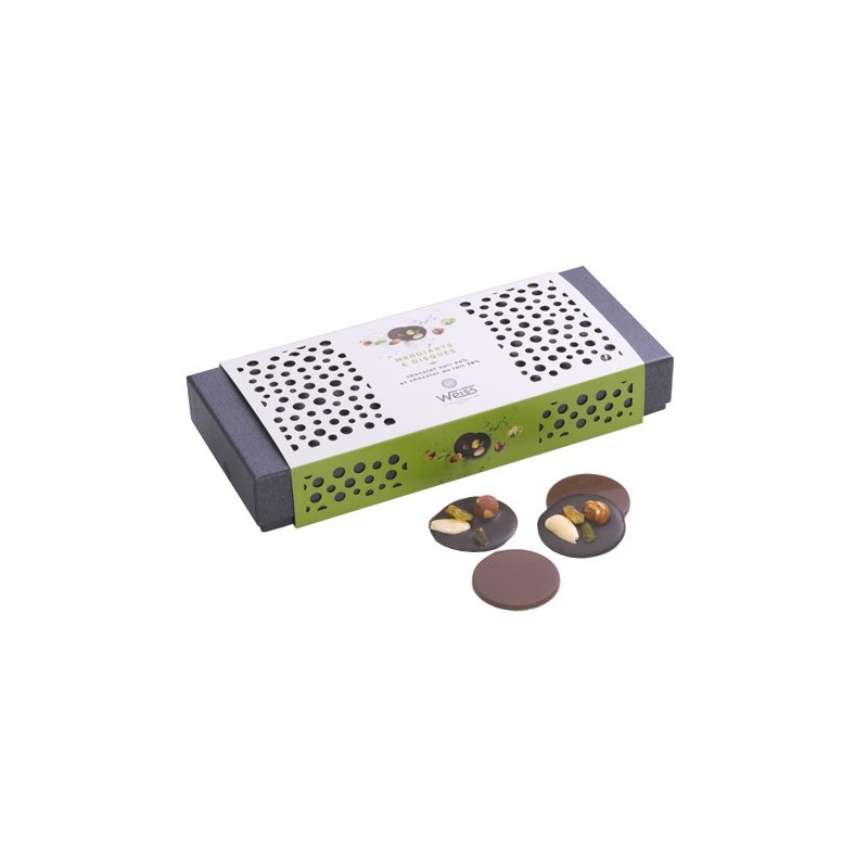 Mendiants et disques - Chocolat noir - Chocolat au lait - Fruits secs - Amandes - Noisette - Coffret à offrir Mendiants et disques - Chocolat noir - Chocolat au lait - Fruits secs - Amandes - Noisette - Coffret à offrir