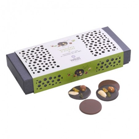 Mendiants et disques - Chocolat noir - Chocolat au lait - Fruits secs - Amandes - Noisette - Coffret à offrir Mendiants et disques - Chocolat noir - Chocolat au lait - Fruits secs - Amandes - Noisette - Coffret à offrir