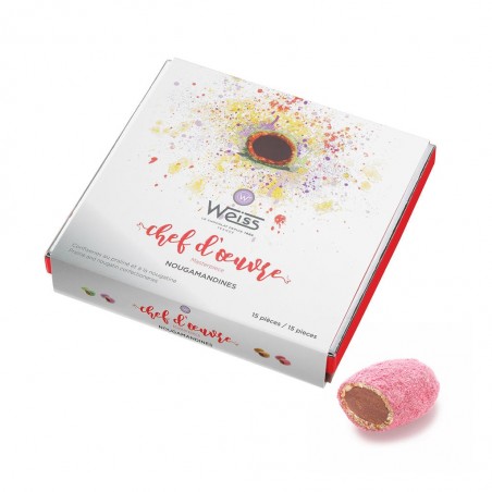 Nougamandines - Coffret chef d'œuvre fermé - Nougamandine coupée - Coffret cadeau chocolat - Chocolat à offrir Nougamandines - Coffret chef d'œuvre fermé - Nougamandine coupée - Coffret cadeau chocolat - Chocolat à offrir