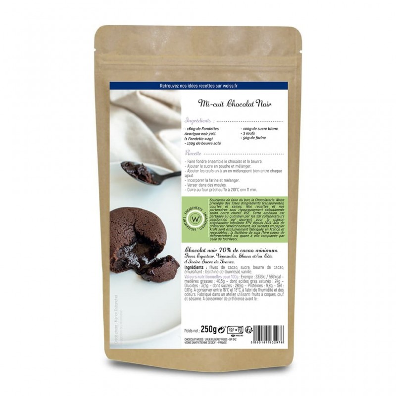 Chocolat noir à pâtisser - Packaging fermé - Dos - Recette mi cuit - Chocolat à pâtisser - Chocolat pour pâtisser - 70% de cacao Chocolat noir à pâtisser - Packaging fermé - Dos - Recette mi cuit - Chocolat à pâtisser - Chocolat pour pâtisser - 70% de cacao