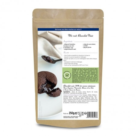 Chocolat noir à pâtisser - Packaging fermé - Dos - Recette mi cuit - Chocolat à pâtisser - Chocolat pour pâtisser - 70% de cacao Chocolat noir à pâtisser - Packaging fermé - Dos - Recette mi cuit - Chocolat à pâtisser - Chocolat pour pâtisser - 70% de cacao