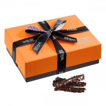 Ballotin de chocolat-Orange-Orange de Navel-Oranges enrobées-Ballotin fermé-Chocolat noir- grain de nougatine - Coffret cadeau
