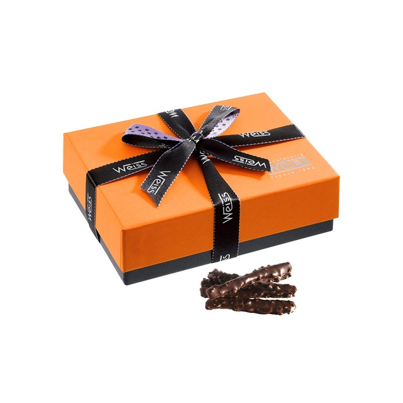 Ballotin de chocolat-Orange-Orange de Navel-Oranges enrobées-Ballotin fermé-Chocolat noir- grain de nougatine - Coffret cadeau Ballotin de chocolat-Orange-Orange de Navel-Oranges enrobées-Ballotin fermé-Chocolat noir- grain de nougatine - Coffret cadeau