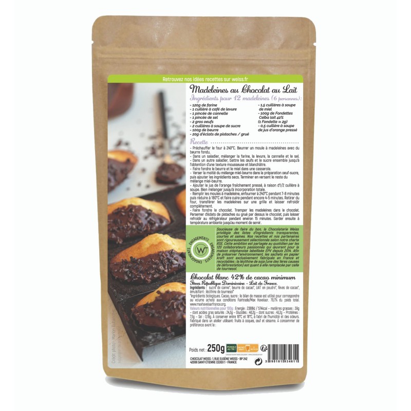 Chocolat à pâtisser Lait Français 42% - chocolat bio - 250g Chocolat à pâtisser Lait Français 42% - chocolat bio - 250g
