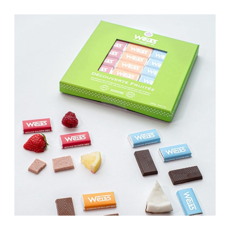 Coffret Découverte Fruitée - Napolitains chocolat noir, lait et blanc - 240g Coffret Découverte Fruitée - Napolitains chocolat noir, lait et blanc - 240g