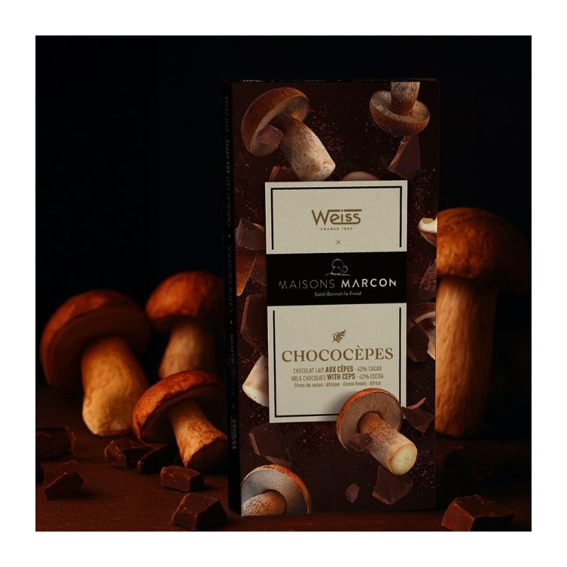 Tablette de chocolat Chococepes Lait 42% Weiss - Chocolat au cèpes - Fabrication Française - Fraicheur boisée des cèpes Tablette de chocolat Chococepes Lait 42% Weiss - Chocolat au cèpes - Fabrication Française - Fraicheur boisée des cèpes