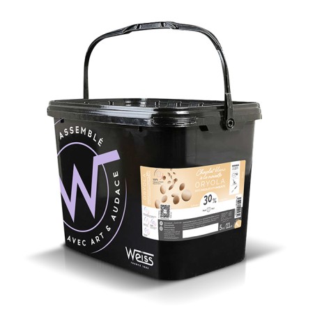 Fondette Chocolat à pâtisser - Oryola Blanc 30% - notes de noisettes - Seau de 5 kg Fondette Chocolat à pâtisser - Oryola Blanc 30% - notes de noisettes - Seau de 5 kg
